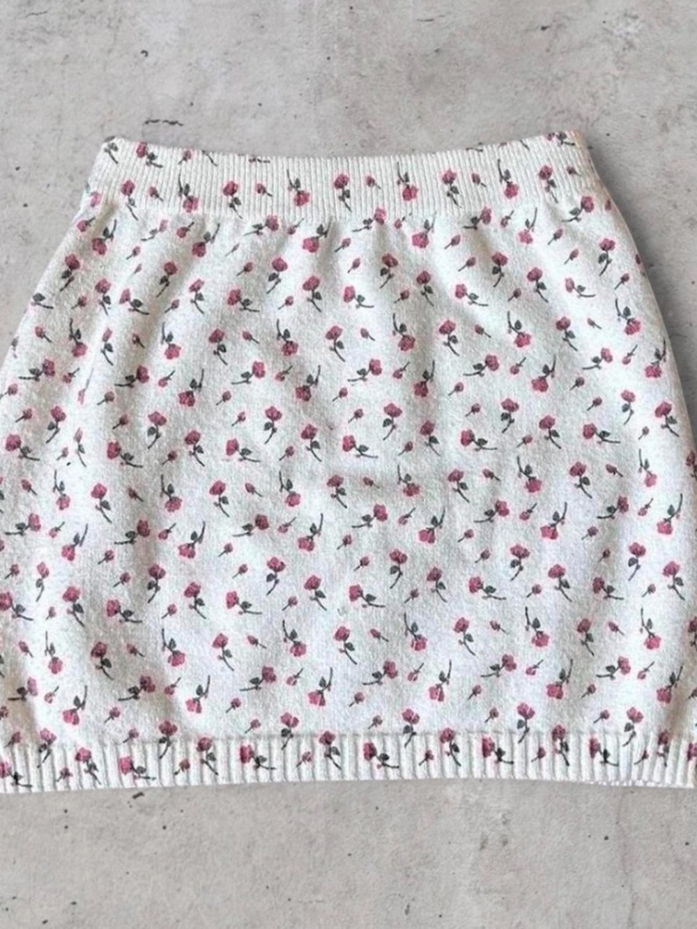 White Mini Skirt with Pink Rose Knit Print